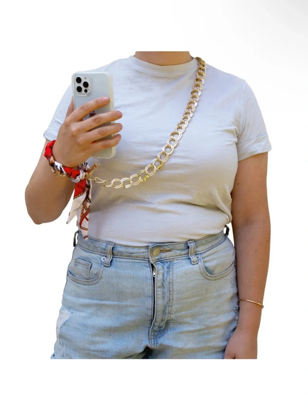 HelloLux Gold Crossbody Chain with Red Patterned Scarf for Phone  *NEW*